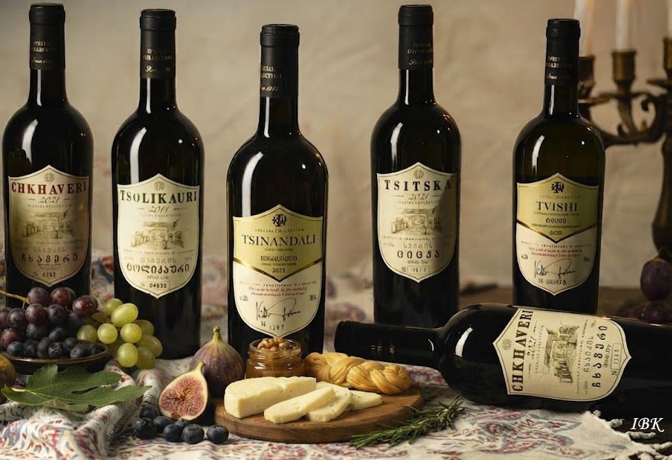 Georgische Weine mit traditionellen Sorten wie Tschchaweri, Zolikauri und Tsinandali auf gedecktem Tisch