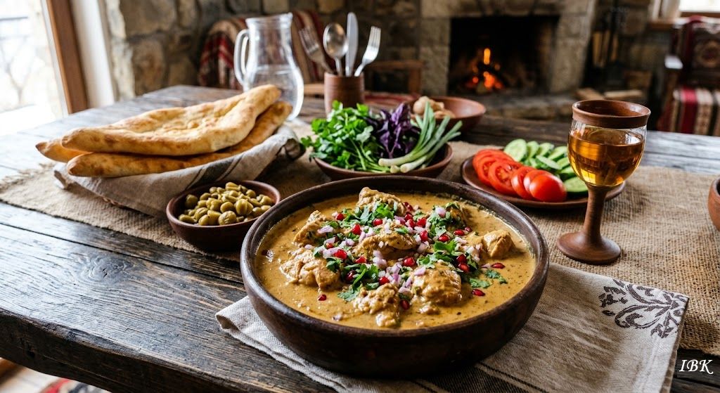 Georgisches Gericht Saziwi auf rustikal gedecktem Tisch mit Gemüse, Brot und Getränken.