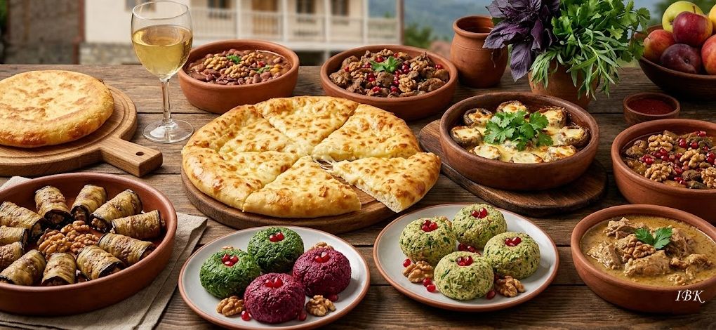 Traditionelle georgische Tafel mit Khachapuri, Pkhali, Walnuss‑Gerichten und Glas Weißwein 