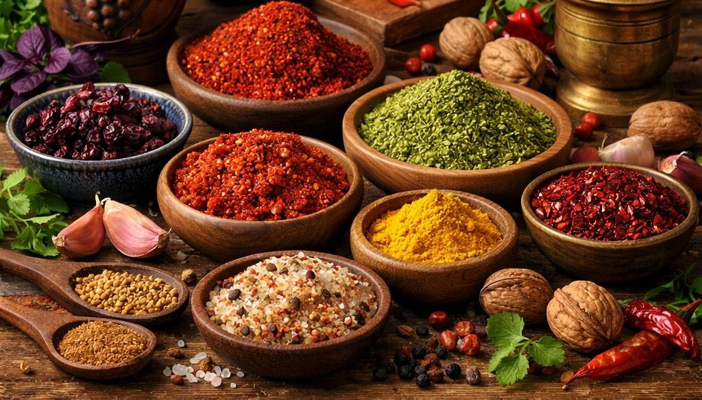 Georgische Küche mit einer Auswahl an aromatichen Gewürzen