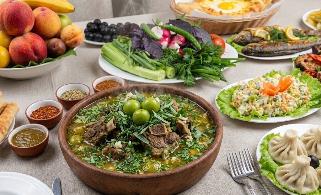 Georgische Küche: vielfältige traditionelle Speisen, frisches Gemüse, Brot und Obst auf einem gedeckten Tisch