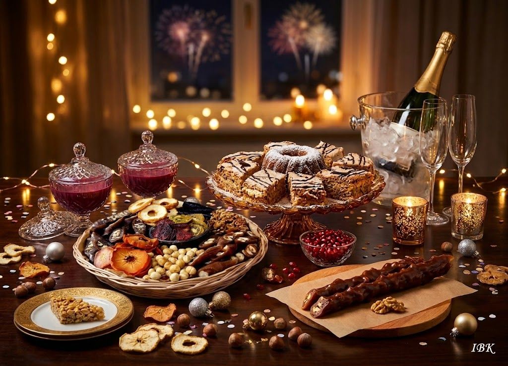 Festlich gedeckter Tisch mit georgischen Süßspeisen, Nüssen und getrockneten Früchten, dazu Champagnergläser und Feuerwerk im Hintergrund.