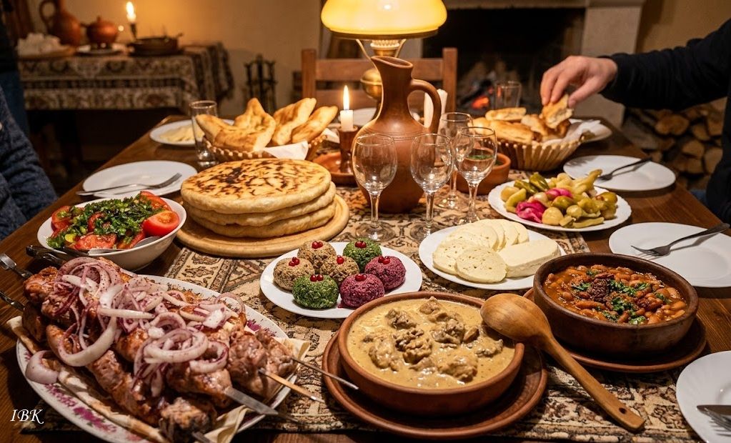 Ein reich gedeckter Holztisch bei einer traditionellen georgischen Supra (Festmahl) in einer gemütlichen, warm beleuchteten Atmosphäre.