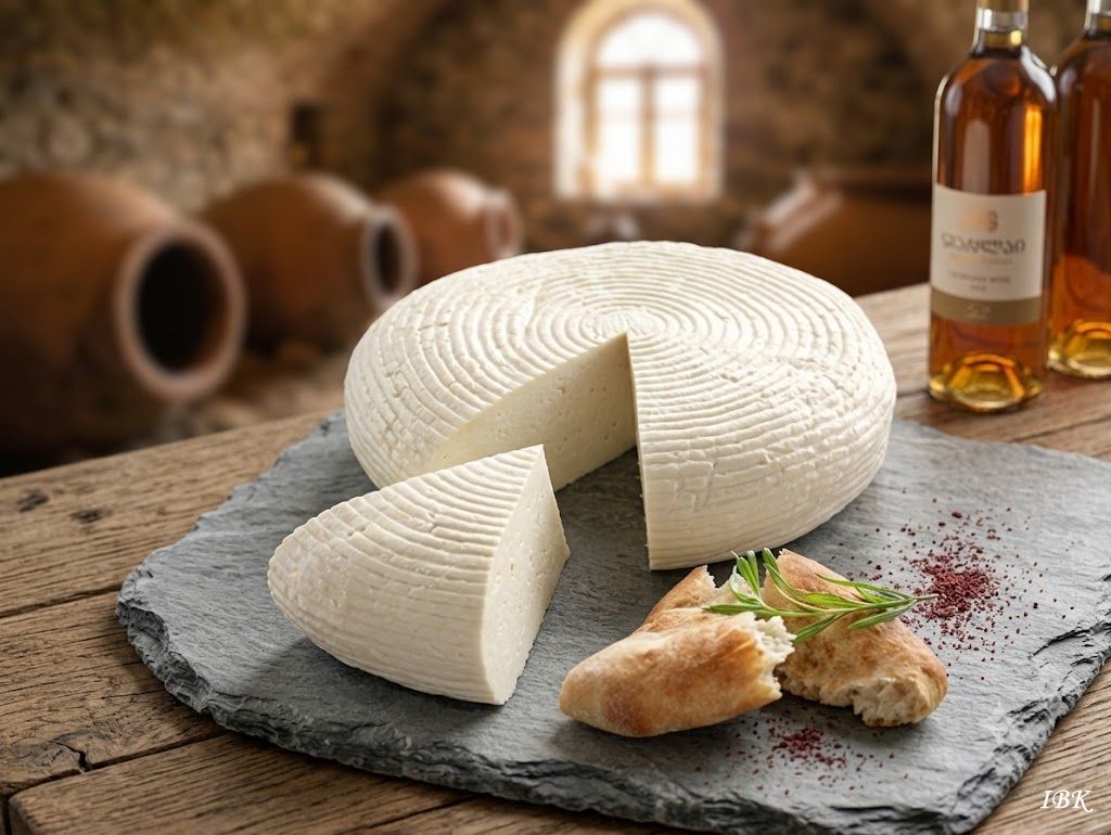 Georgischer Imeruli‑Käse auf einer dunklen Servierplatte, daneben Brot mit Kräutern; im Hintergrund bernsteinfarbener Wein und Tonamphoren in einem rustikalen Keller.
