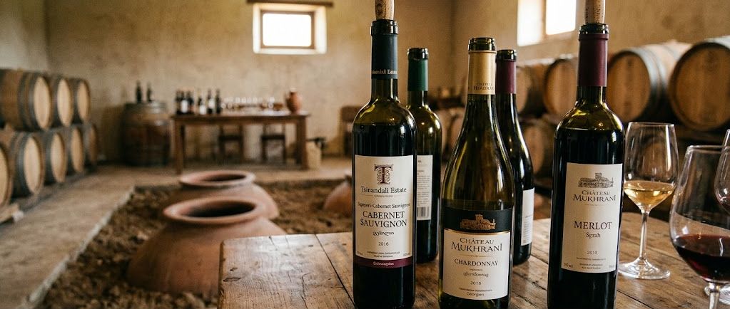 Weinkeller in Georgien mit Flaschen von Cabernet Sauvignon, Chardonnay und Merlot sowie traditionellen Qvevri-Gefaessen