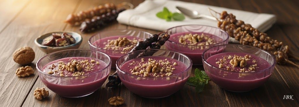 Pelamuschi, ein georgisches Traubendessert aus Traubensaft, serviert mit Walnüssen und Tschurtschchela 