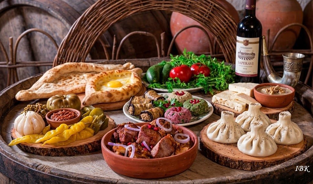 Georgisches Supra mit Chatschapuri, Chinkali, Pchali, Grillfleisch und Saperavi‑Wein auf rustikalem Holztisch.