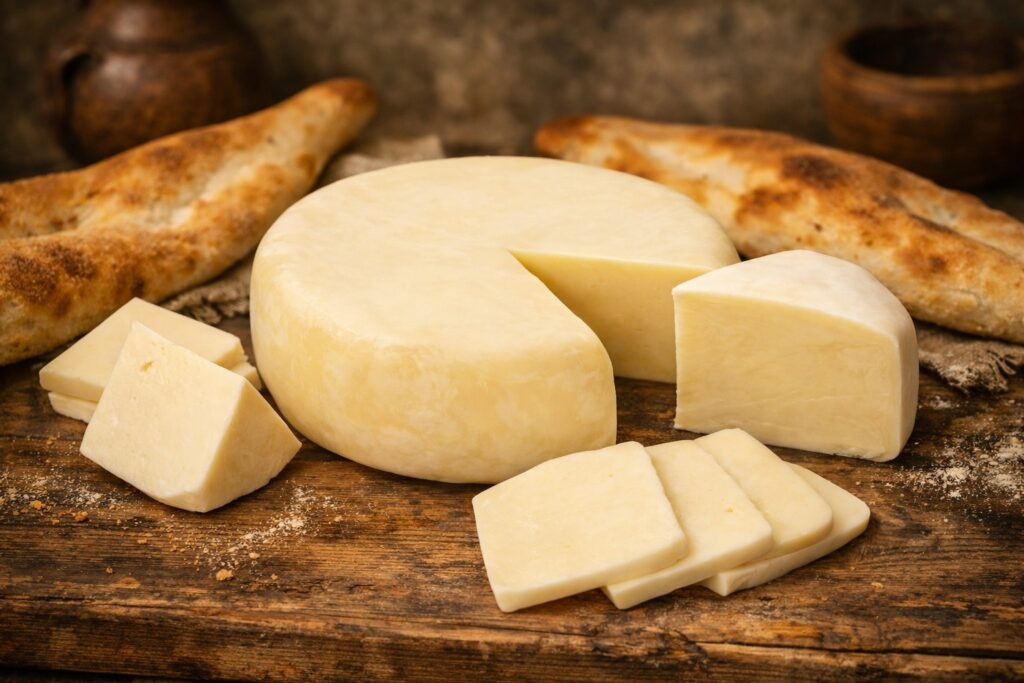 Angeschnittenes Sulguni‑Kaeserad auf rustikalem Holztisch, daneben Brot und Tonkrug