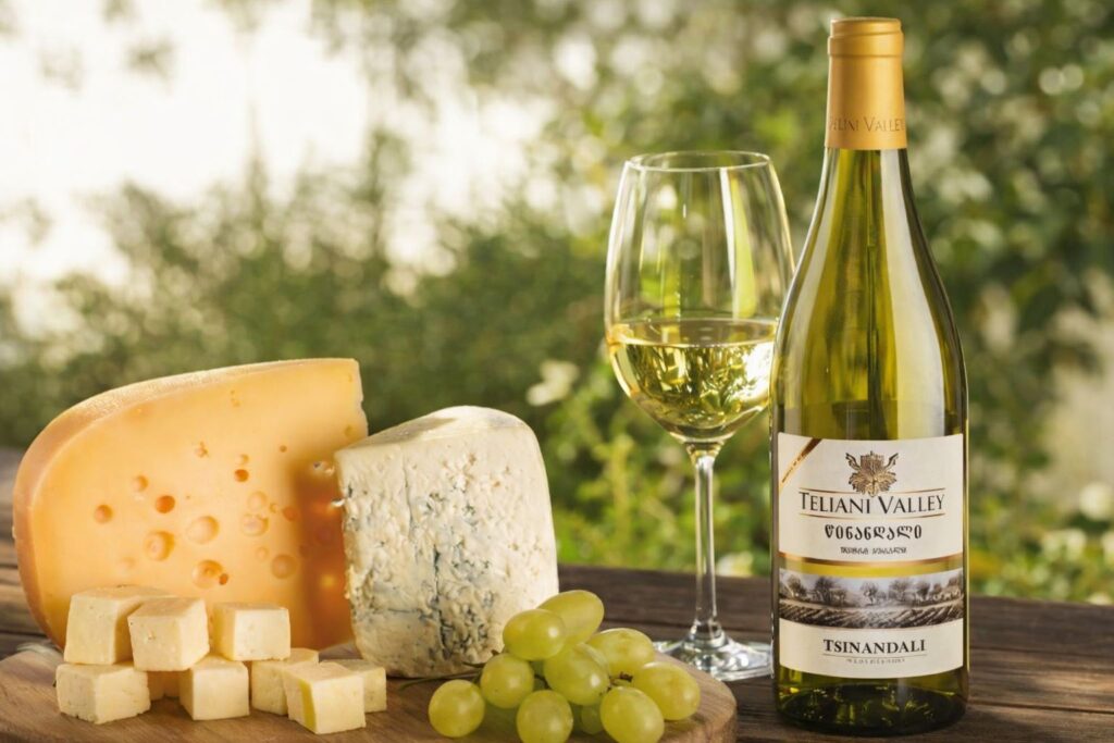 Flasche Teliani Valley Tsinandali Weißwein mit gefülltem Glas, verschiedenen Käsesorten und grünen Trauben